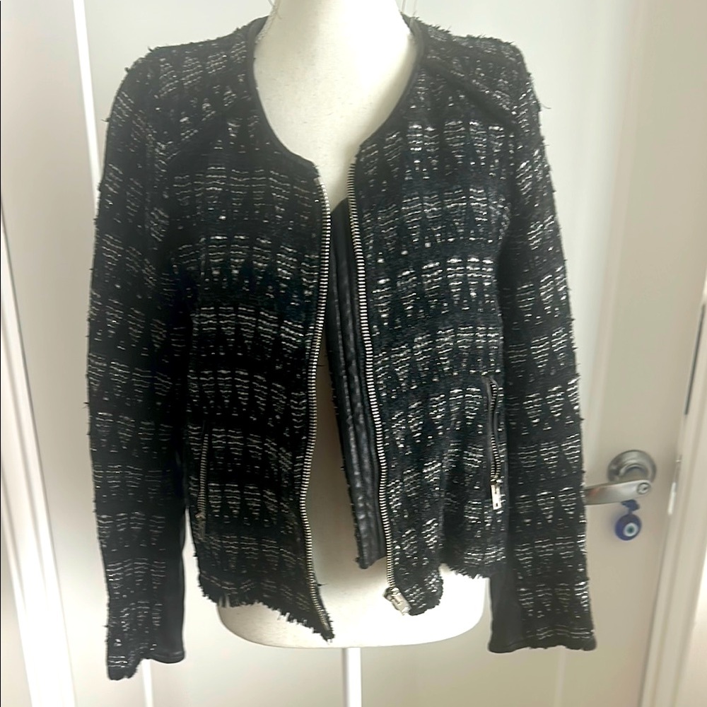 Iro Black and Silver Tweed leather trim Jacket size 3